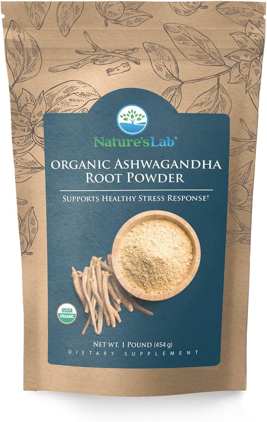 1lb Bag of Nature's Lab Organic Ashwagandha Root Powder - 227 Servings for Stress Relief and Immune Support