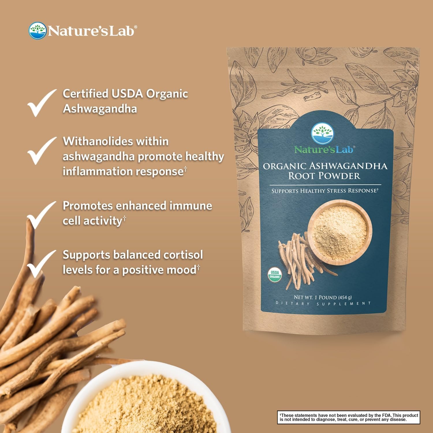 1lb Bag of Nature's Lab Organic Ashwagandha Root Powder - 227 Servings for Stress Relief and Immune Support