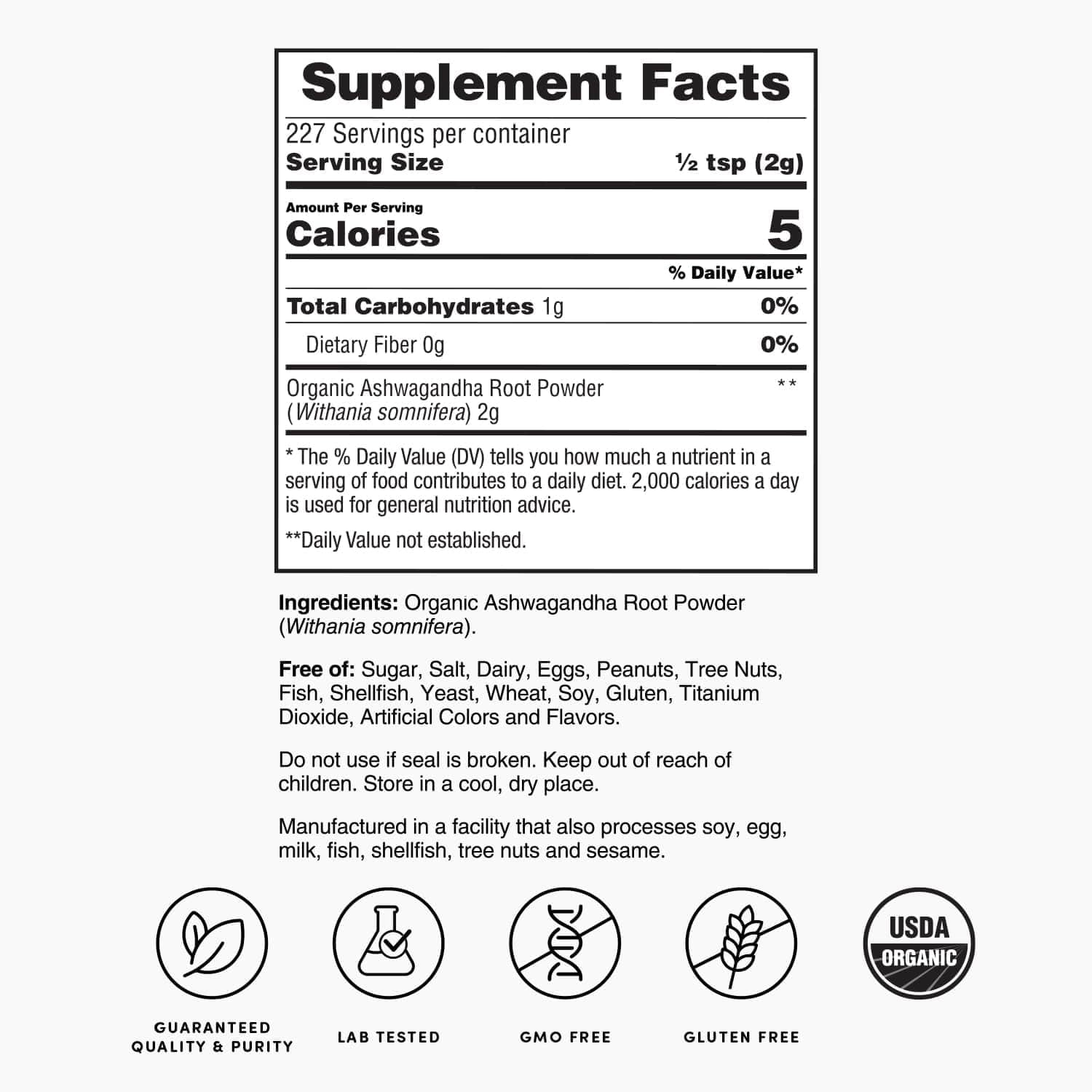 1lb Bag of Nature's Lab Organic Ashwagandha Root Powder - 227 Servings for Stress Relief and Immune Support