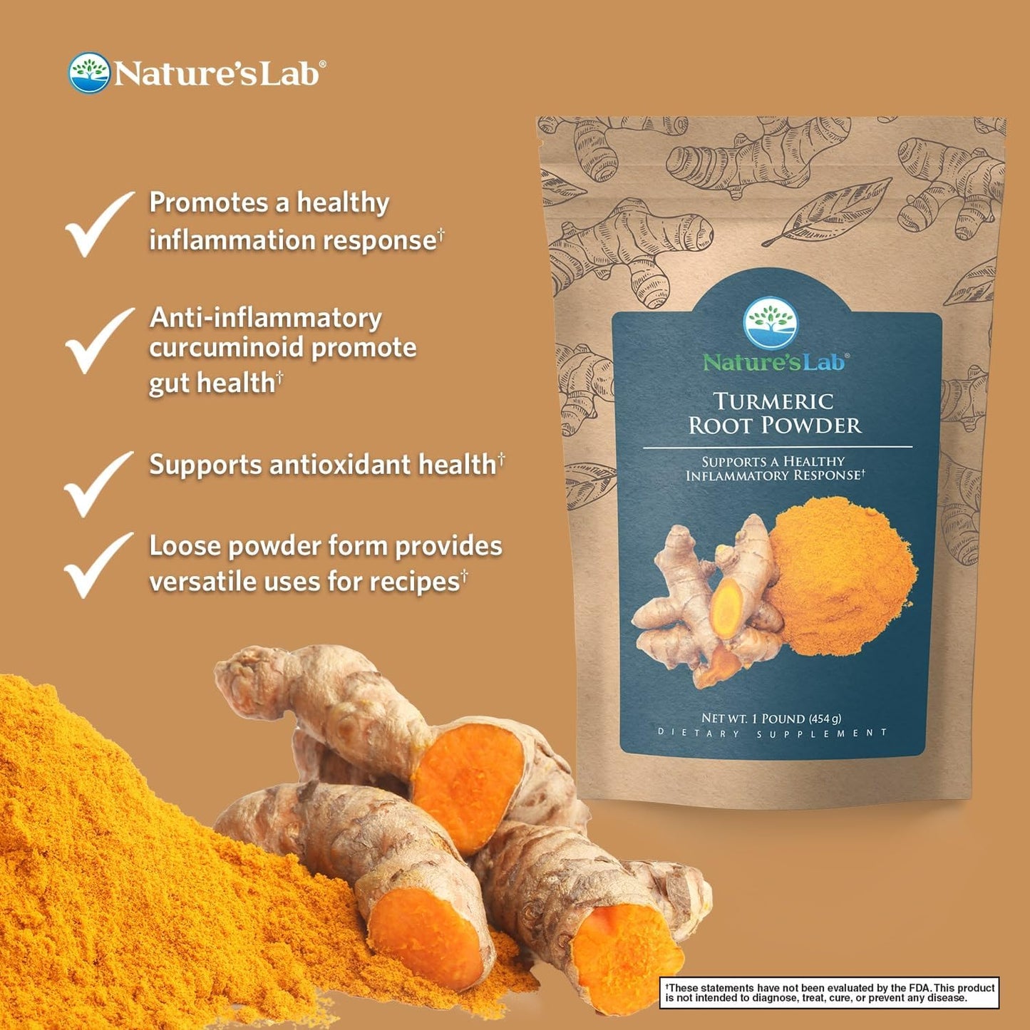1lb Bag of Nature's Lab Turmeric Root Powder - 64 Servings