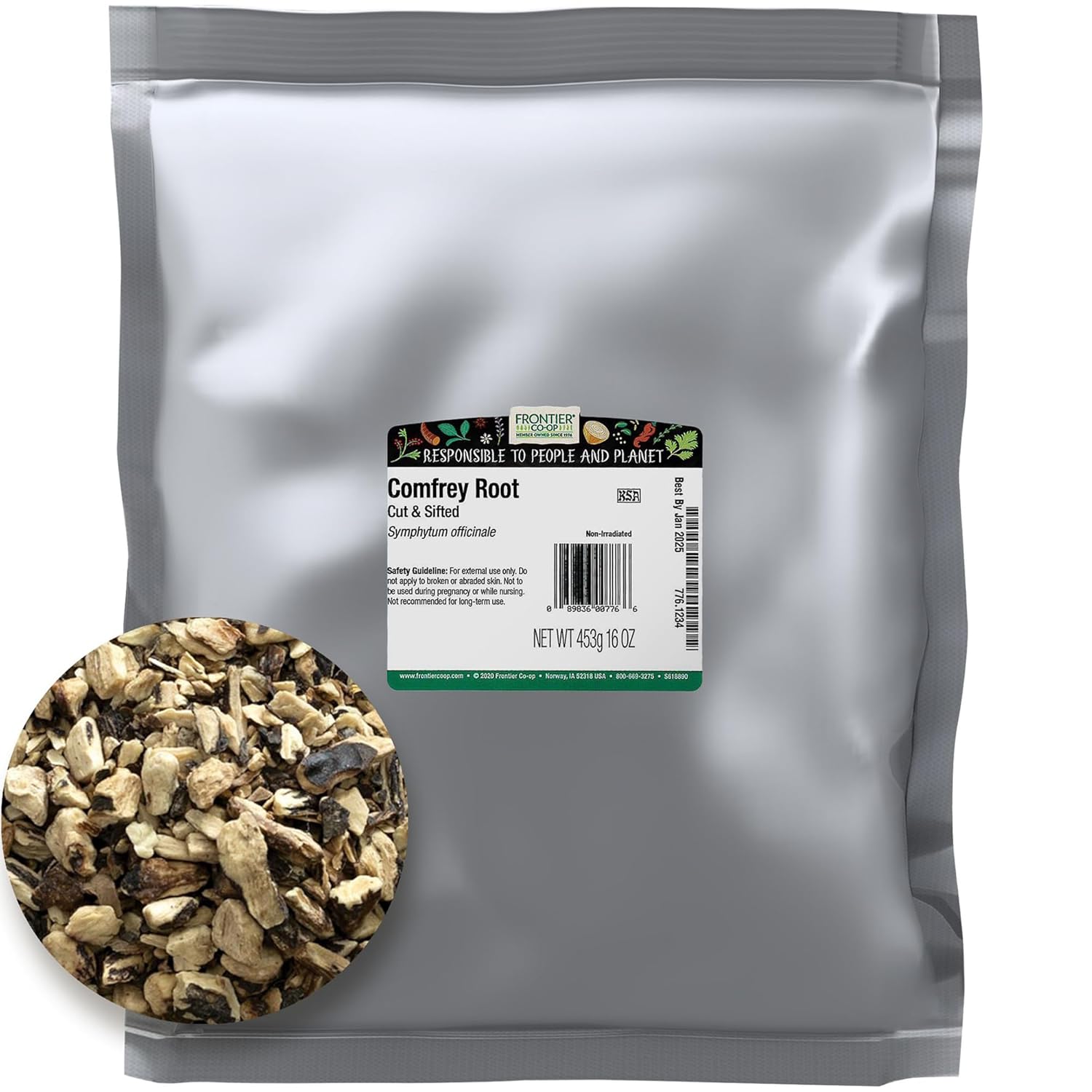 1lb Bulk Bag of Frontier Co-op Pure & Natural Dried Comfrey Root, Cut & Sifted - Ideal for Lotions, Creams, Hair Rinses - Kosher