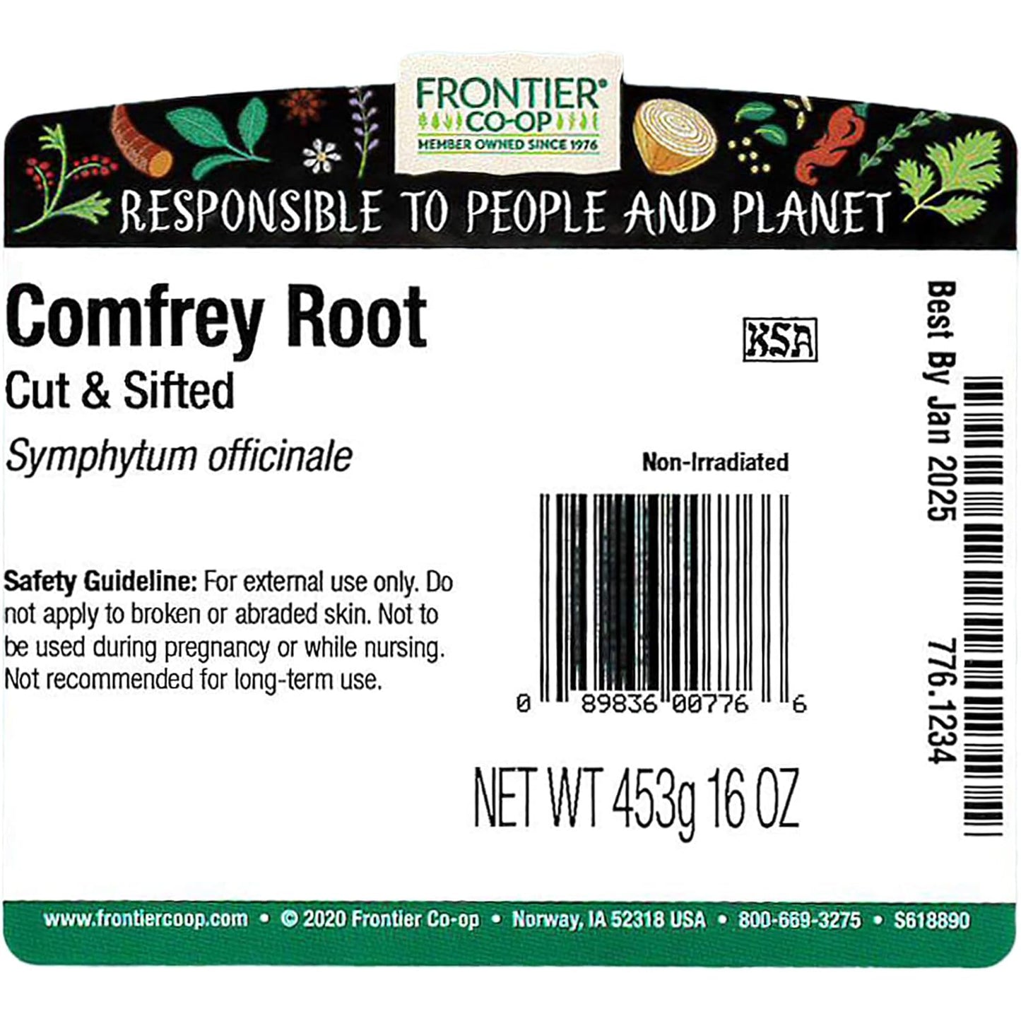 1lb Bulk Bag of Frontier Co-op Pure & Natural Dried Comfrey Root, Cut & Sifted - Ideal for Lotions, Creams, Hair Rinses - Kosher