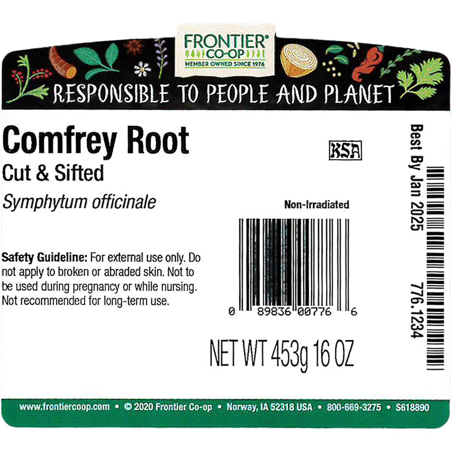 1lb Bulk Bag of Frontier Co-op Pure & Natural Dried Comfrey Root, Cut & Sifted - Ideal for Lotions, Creams, Hair Rinses - Kosher