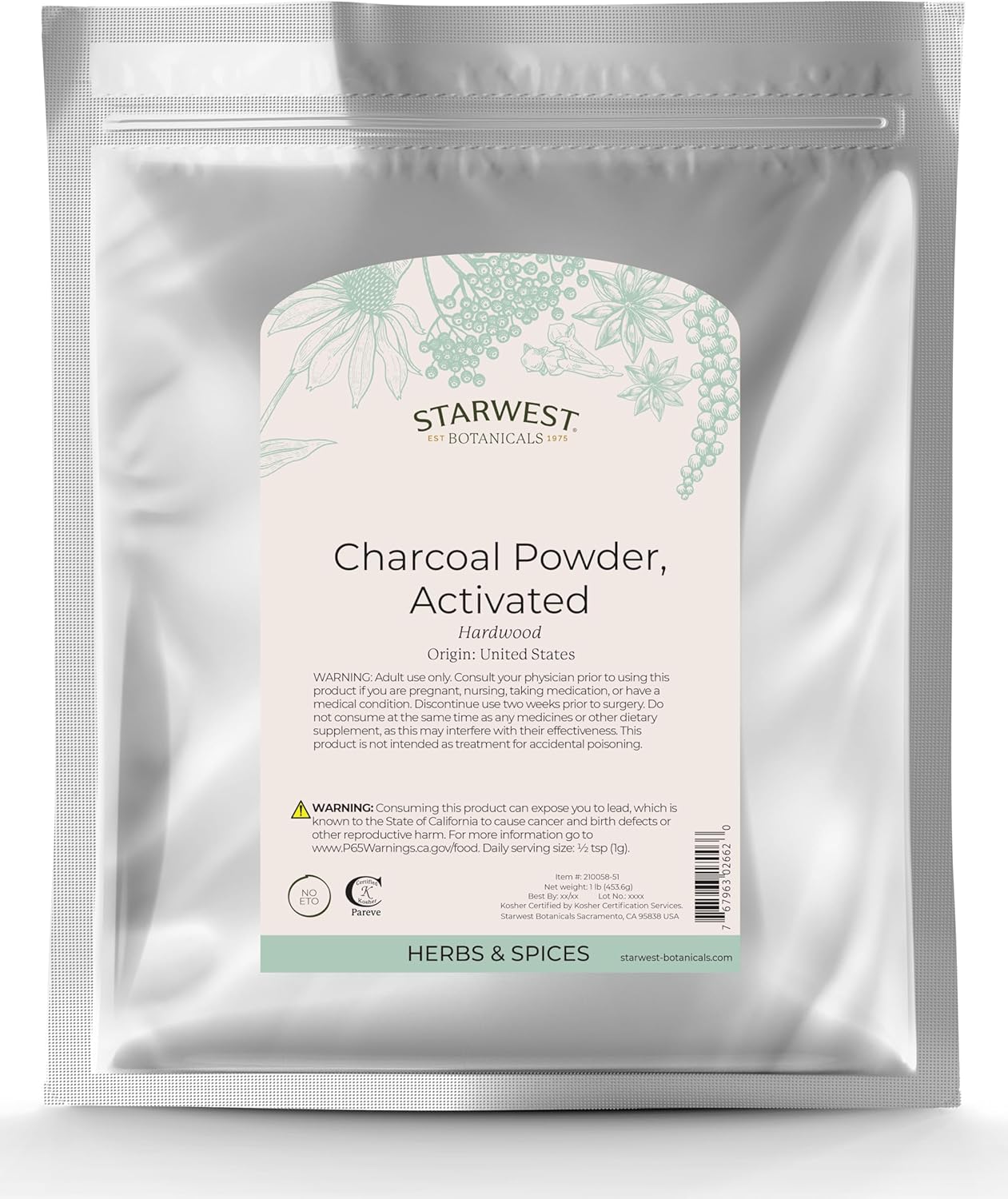 1lb Bulk Bag of Starwest Botanicals Food Grade US Hardwood Activated Charcoal Powder