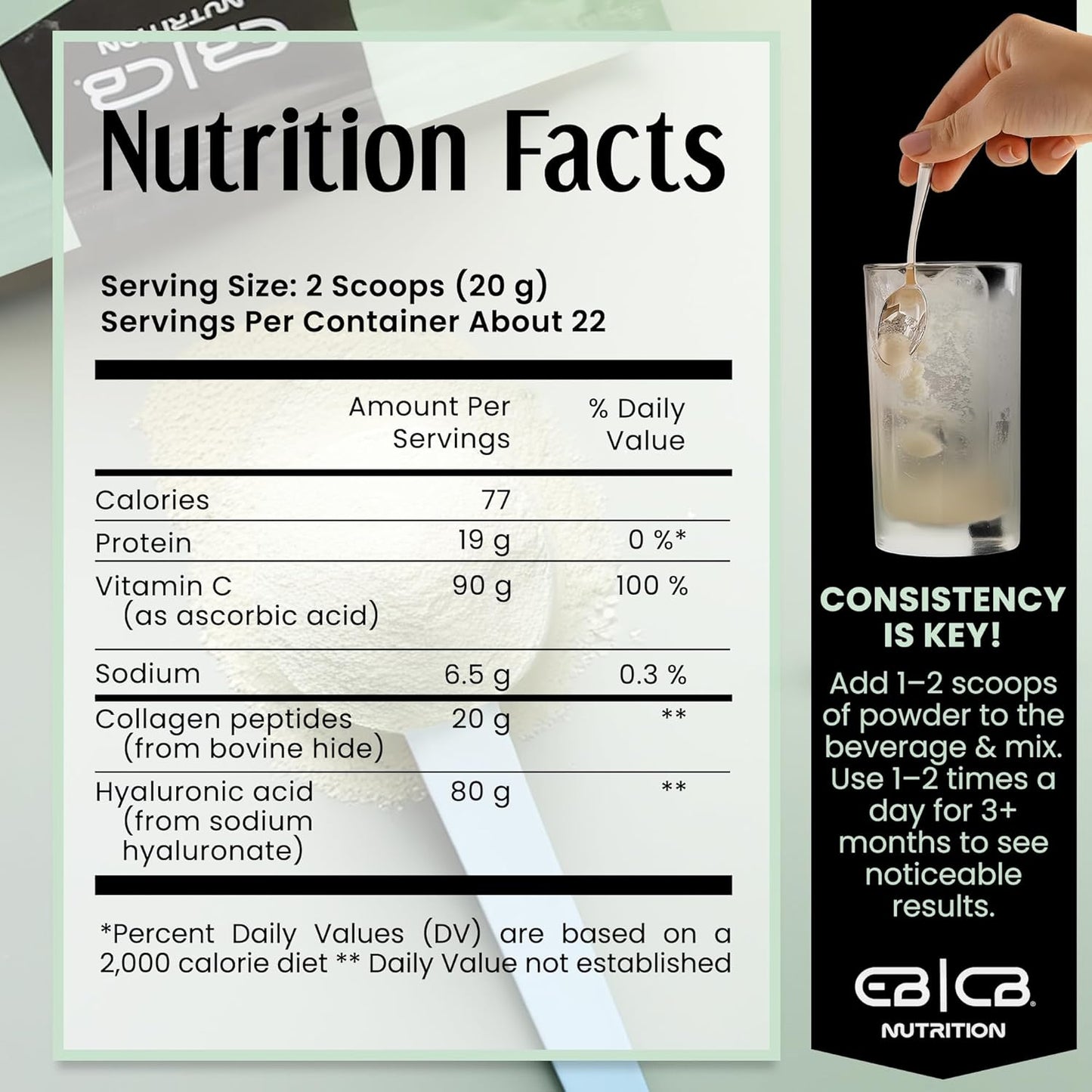 1lb EBCB Nutrition Hydrolyzed Collagen Peptides with Vitamin C and Hyaluronic Acid