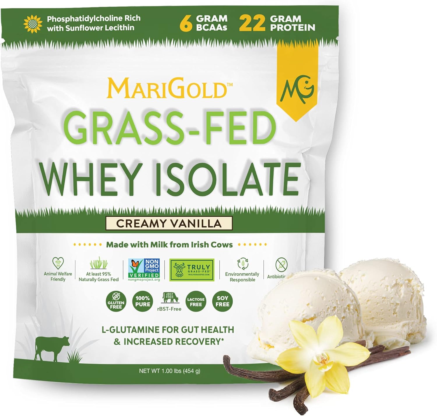 1lb MariGold Grass-fed Whey Protein Isolate Powder - Creamy Vanilla, 100% Pure, Cold-Processed, Non-GMO - Soy, Gluten, Lactose Free