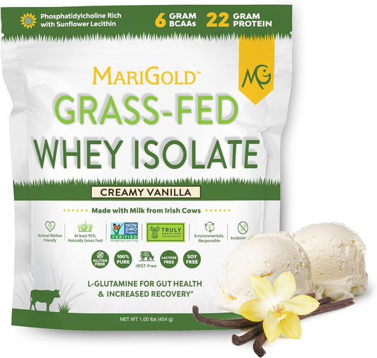 1lb MariGold Grass-fed Whey Protein Isolate Powder - Creamy Vanilla, 100% Pure, Cold-Processed, Non-GMO - Soy, Gluten, Lactose Free