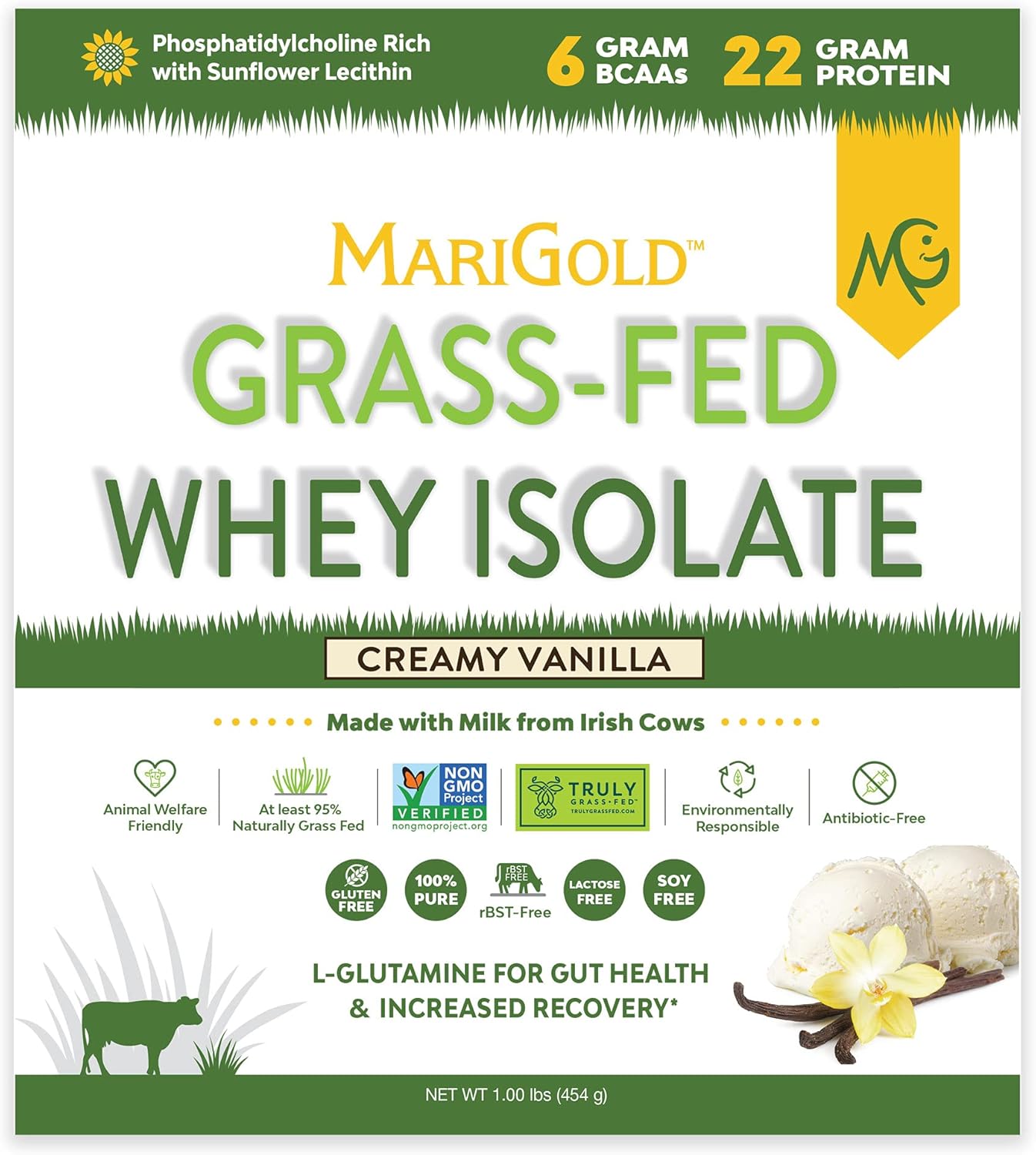 1lb MariGold Grass-fed Whey Protein Isolate Powder - Creamy Vanilla, 100% Pure, Cold-Processed, Non-GMO - Soy, Gluten, Lactose Free