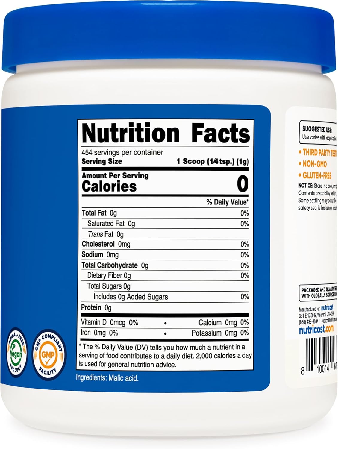 1LB Nutricost Malic Acid Powder - Gluten Free, Non-GMO - 454 Grams