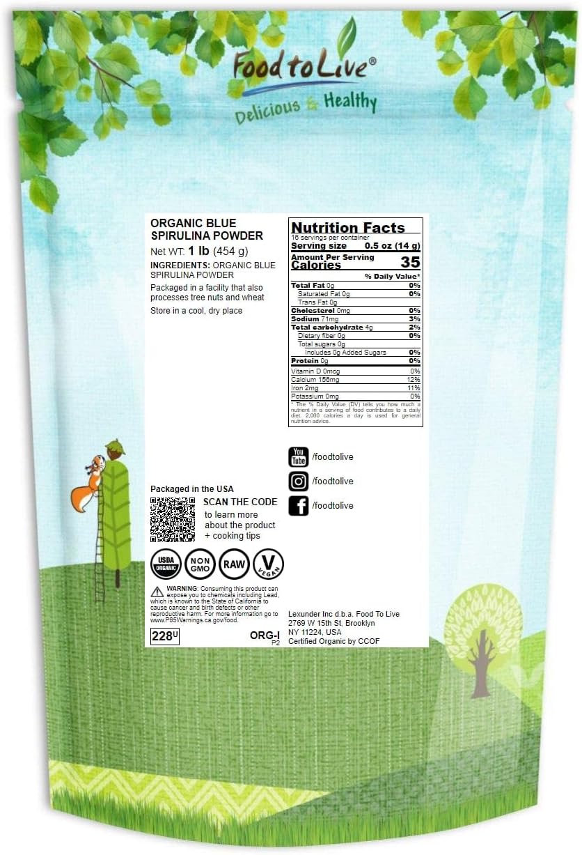1lb Organic Blue Spirulina Powder - Non-GMO Raw Algae Extract for Juices, Smoothies, Shakes, and Food Coloring - Vegan & Non-Irradiated