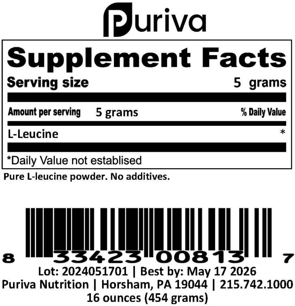 1lb Puriva Nutrition L-Leucine Powder: Pure Amino Acid Supplement for Muscle Growth & Recovery