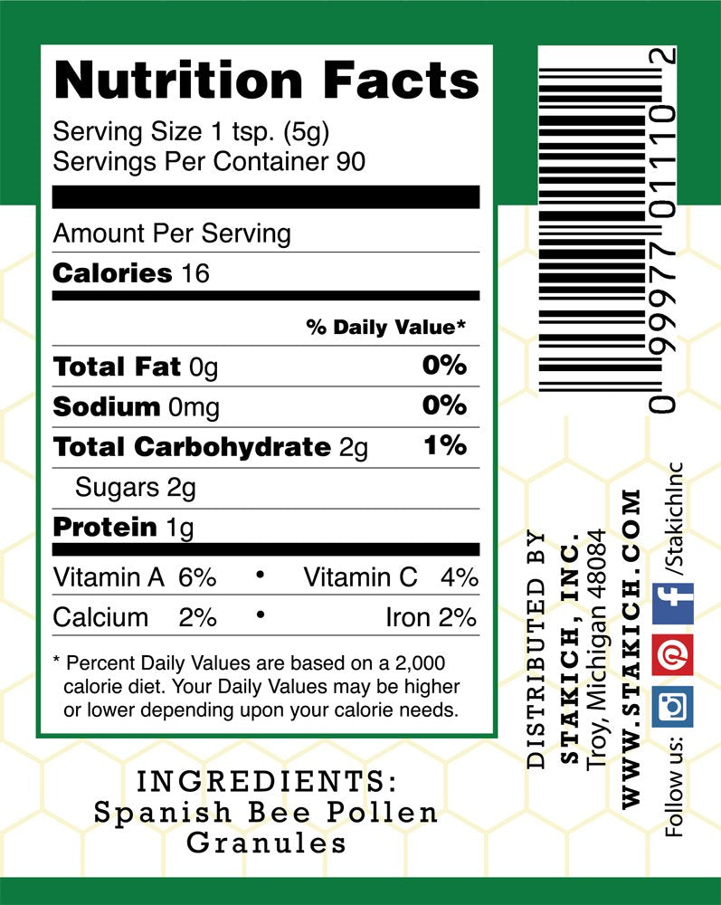 1lb Stakich Spanish Bee Pollen Granules - Pure, Natural, Unprocessed - 16oz