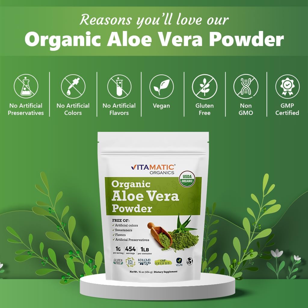1lb Vitamatic USDA Organic Aloe Vera Powder - Pure & Natural Skin Care Supplement