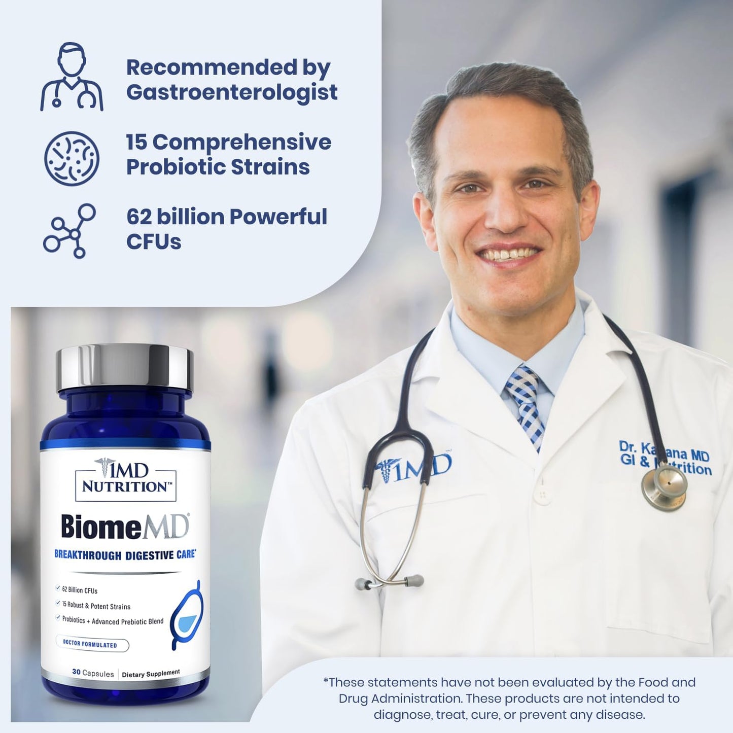 1MD Nutrition BiomeMD Probiotics - 62 Billion CFUs, 15 Strains - Doctor-Formulated for Digestive Health & Immune Support