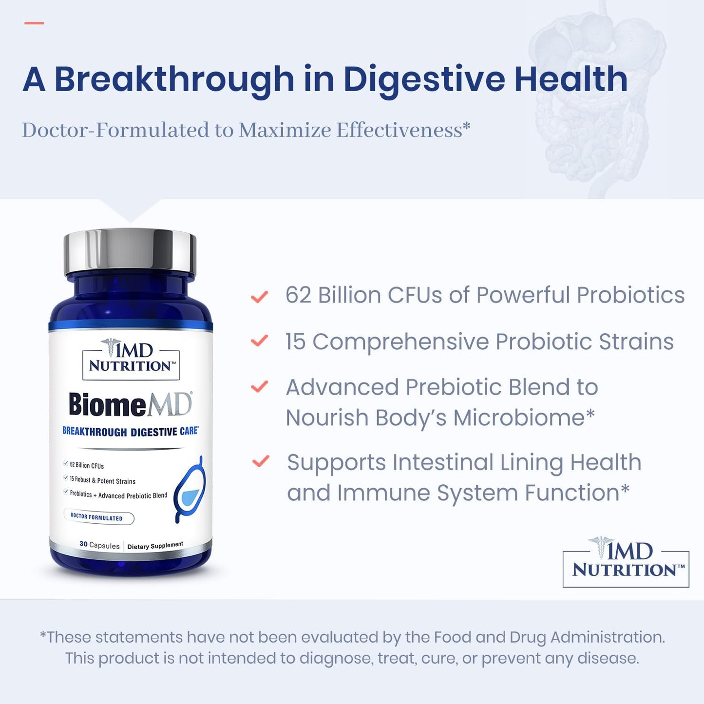 1MD Nutrition BiomeMD Probiotics - 62 Billion CFUs, 15 Strains - Doctor-Formulated for Digestive Health & Immune Support