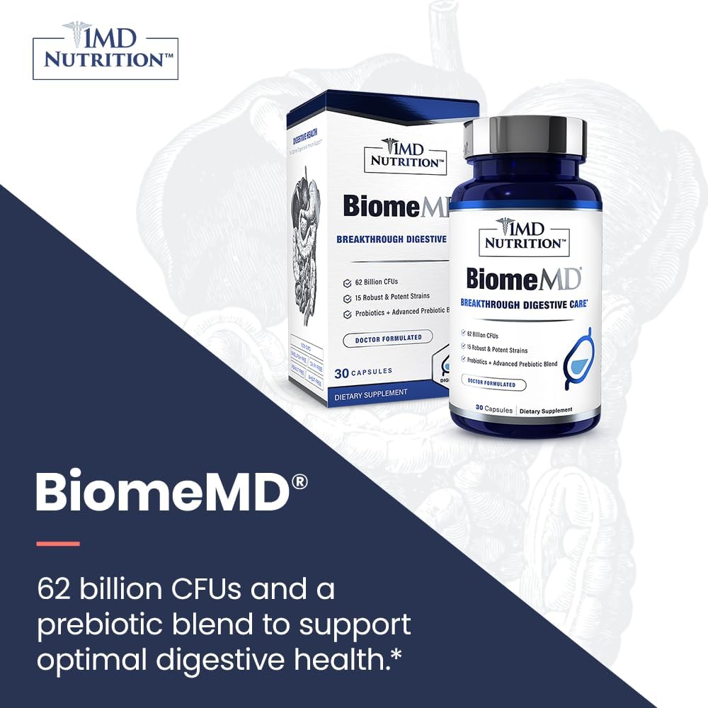 1MD Nutrition BiomeMD Probiotics - 62 Billion CFUs, 15 Strains - Doctor-Formulated for Digestive Health & Immune Support