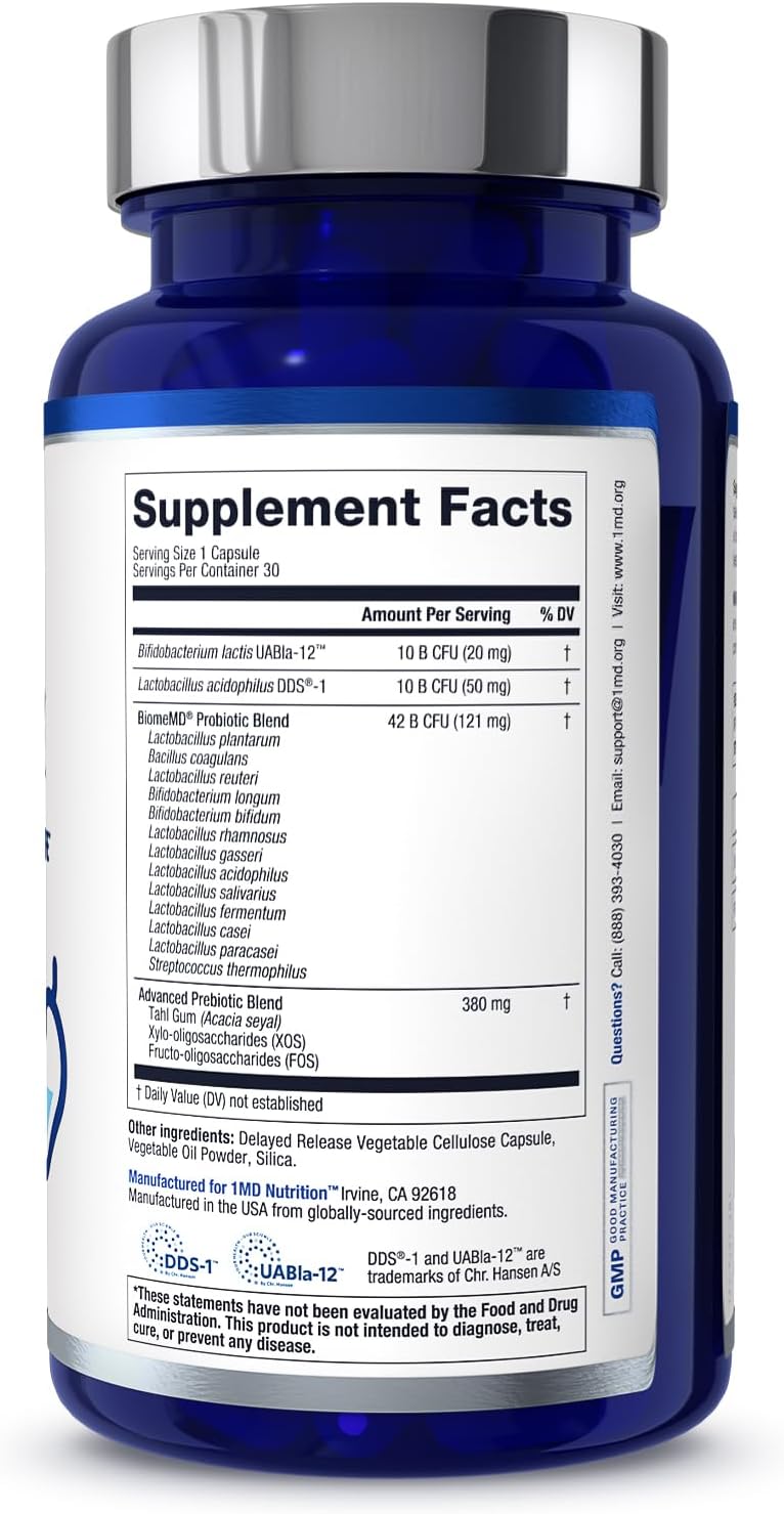 1MD Nutrition BiomeMD Probiotics - 62 Billion CFUs, 15 Strains - Doctor-Formulated for Digestive Health & Immune Support