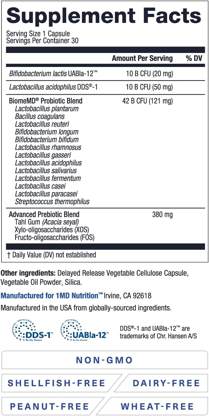 1MD Nutrition BiomeMD Probiotics - 62 Billion CFUs, 15 Strains - Doctor-Formulated for Digestive Health & Immune Support