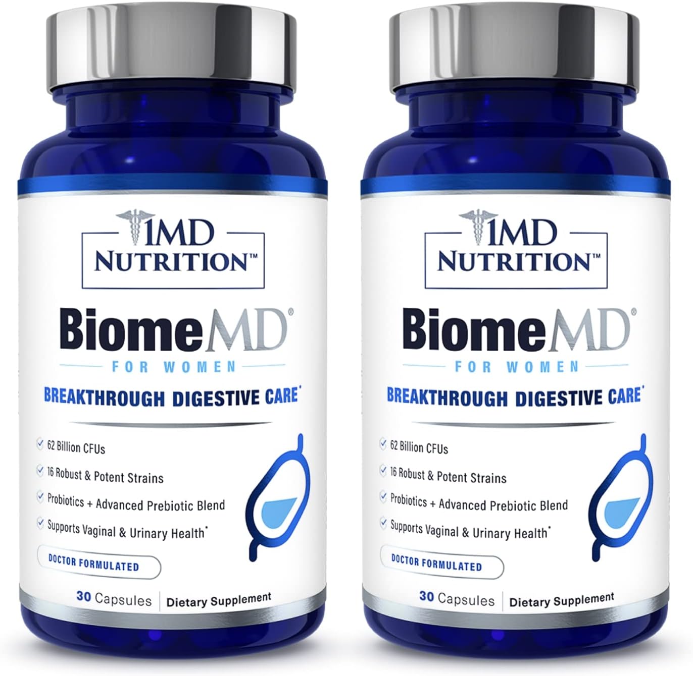 1MD Nutrition BiomeMD Probiotics for Women - 62 Billion CFUs, 16 Strains with Prebiotics | Supports Vaginal & Urinary Health - Doctor-Formulated | 2-Pack of 30 Capsules