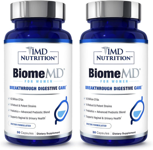 1MD Nutrition BiomeMD Probiotics for Women - 62 Billion CFUs, 16 Strains with Prebiotics | Supports Vaginal & Urinary Health - Doctor-Formulated | 2-Pack of 30 Capsules