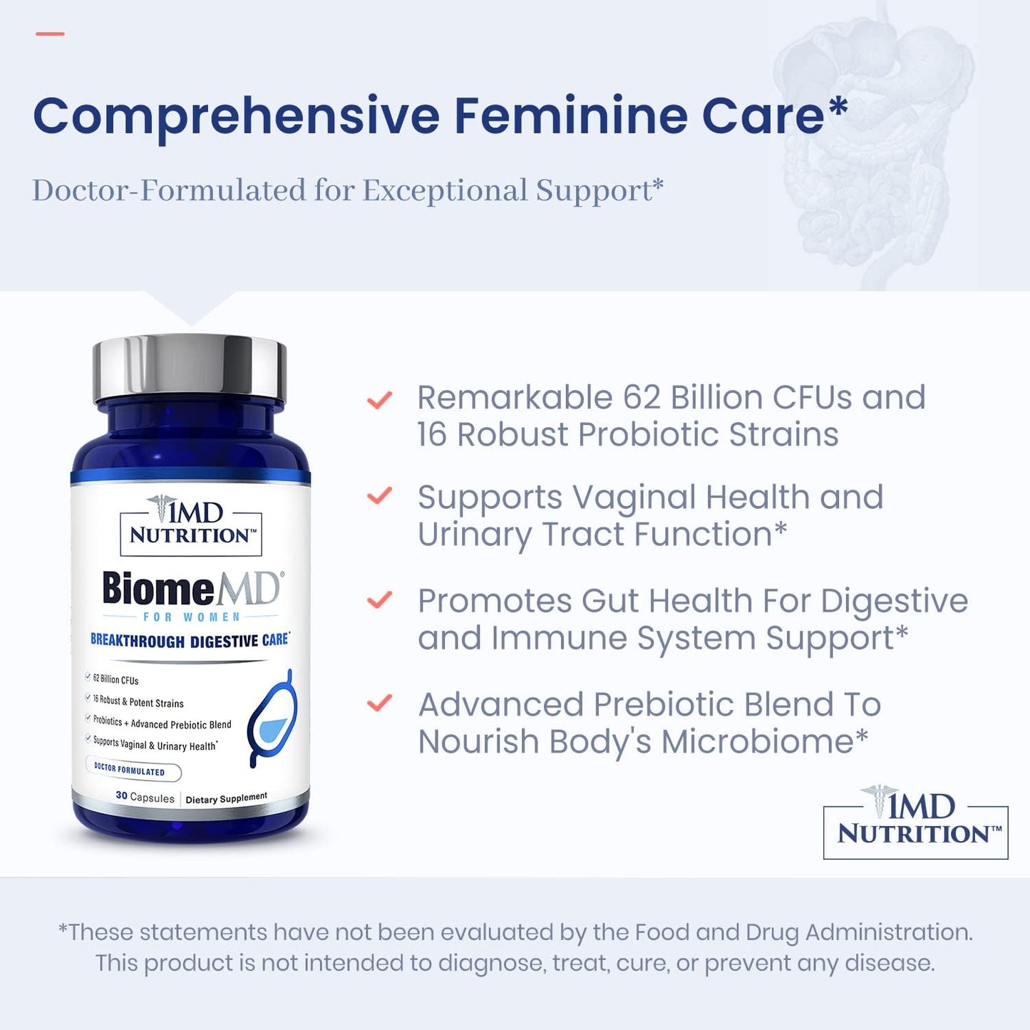 1MD Nutrition BiomeMD Probiotics for Women - 62 Billion CFUs, 16 Strains with Prebiotics | Supports Vaginal & Urinary Health - Doctor-Formulated | 2-Pack of 30 Capsules