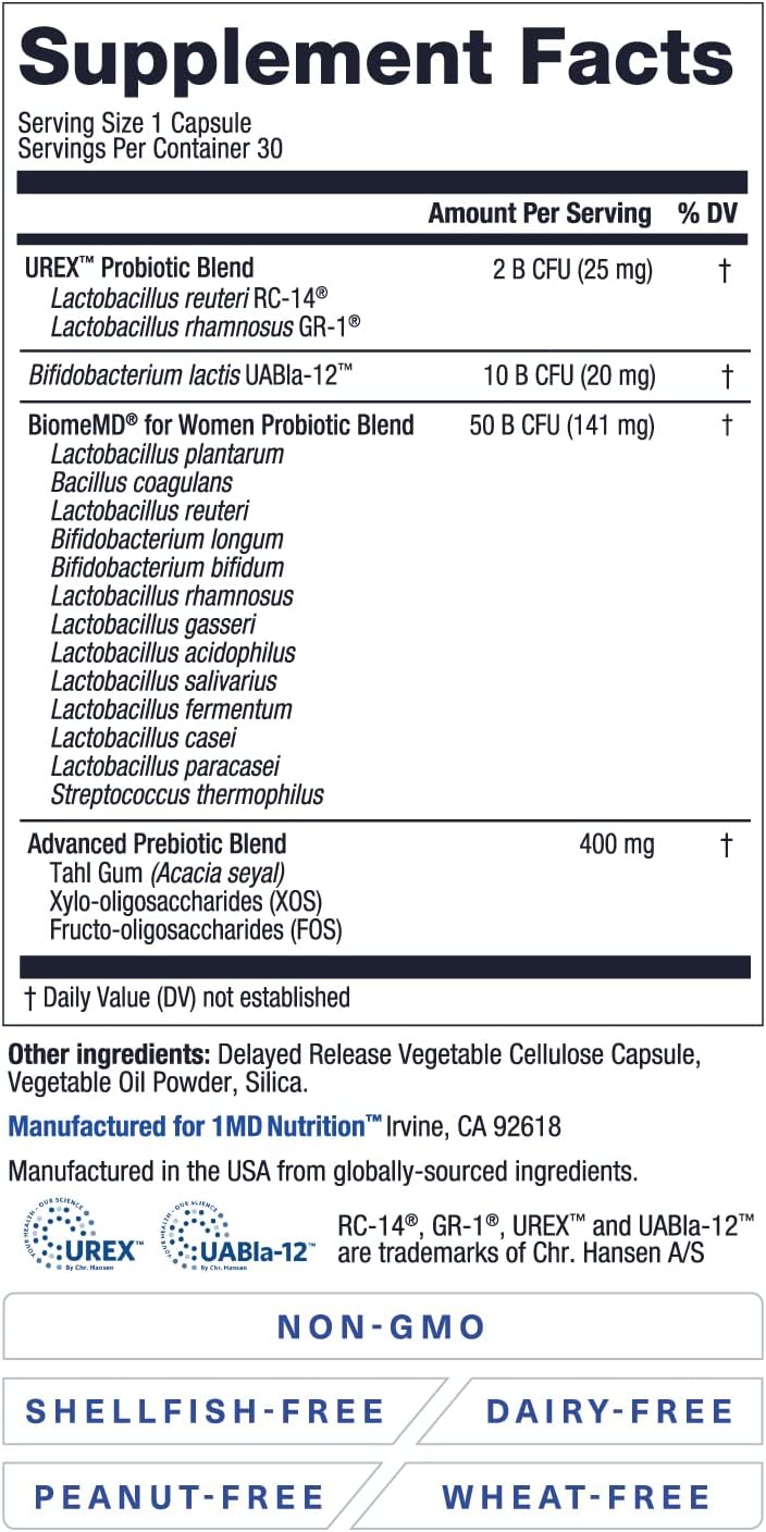 1MD Nutrition BiomeMD Probiotics for Women - 62 Billion CFUs, 16 Strains with Prebiotics | Supports Vaginal & Urinary Health - Doctor-Formulated | 2-Pack of 30 Capsules