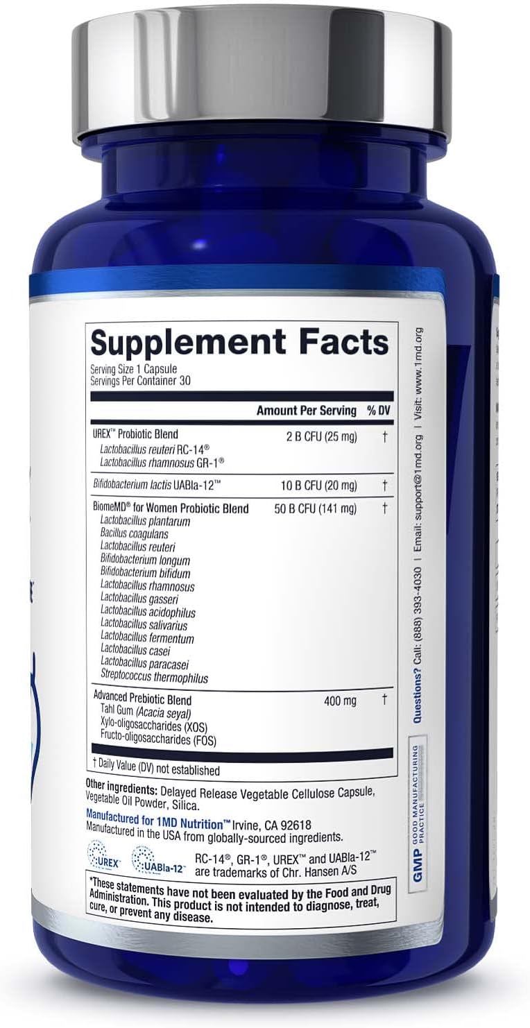 1MD Nutrition BiomeMD Probiotics for Women - 62 Billion CFUs, 16 Strains with Prebiotics | Supports Vaginal & Urinary Health - Doctor-Formulated | 2-Pack of 30 Capsules