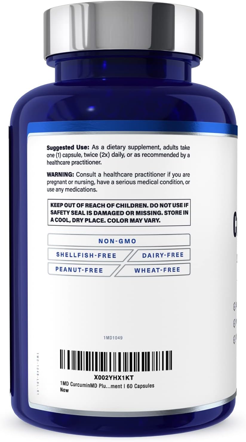 1MD Nutrition CurcuminMD Plus - Enhanced Turmeric Curcumin Supplement for Joint Health, Muscle Recovery, and Mood - 240 Capsules in 2 Bottles