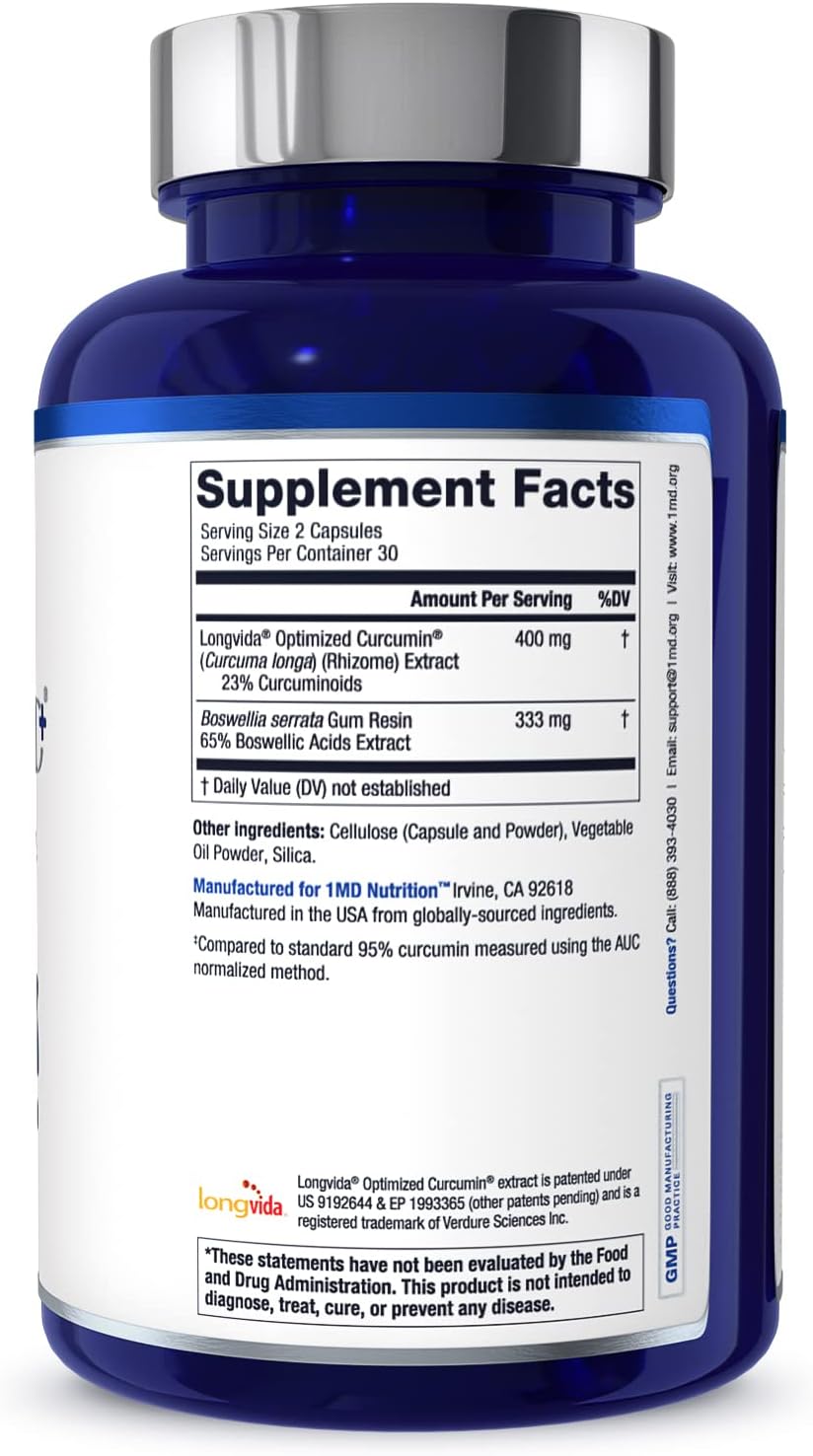 1MD Nutrition CurcuminMD Plus - Enhanced Turmeric Curcumin Supplement for Joint Health, Muscle Recovery, and Mood - 240 Capsules in 2 Bottles