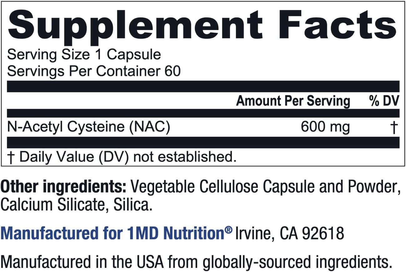 1MD Nutrition NAC Supplement - 600mg Antioxidant Capsules for Detox & Lung Health - Supports Glutathione Production