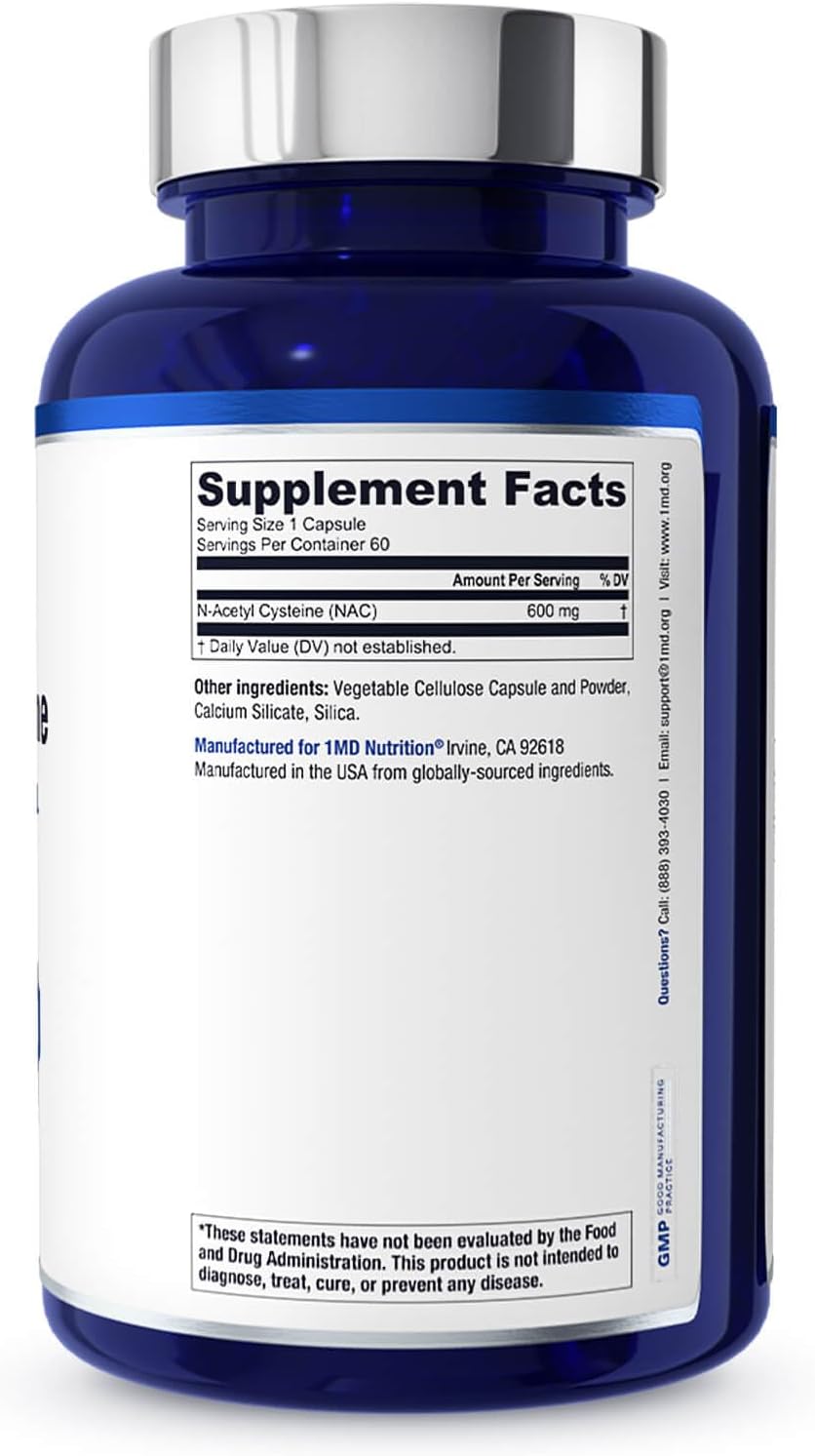 1MD Nutrition NAC Supplement - 600mg Antioxidant Capsules for Detox & Lung Health - Supports Glutathione Production