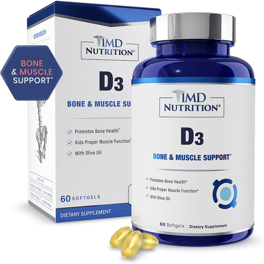 1MD Nutrition Vitamin D3 5000 IU Softgels for Bone Health, Muscle Function, & Immune Support - 2-Month Supply with Olive Oil