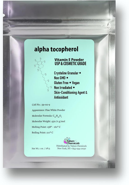 1oz Vitamin E Powder for Skin Care DIY | Alpha Tocopheryl Acetate Cosmetic Grade 700 IU Powder | Talsen Chemicals