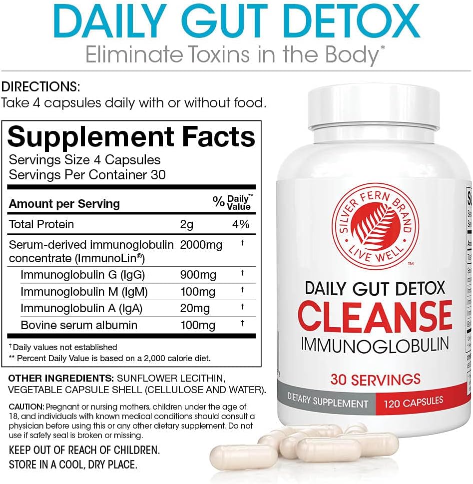 2 Bottle Daily Gut Detox Cleanse - 240 Capsules - 60 Day Supply - Immunoglobulin G, A & M - Digestive & Immune Support - Postbiotic Formula