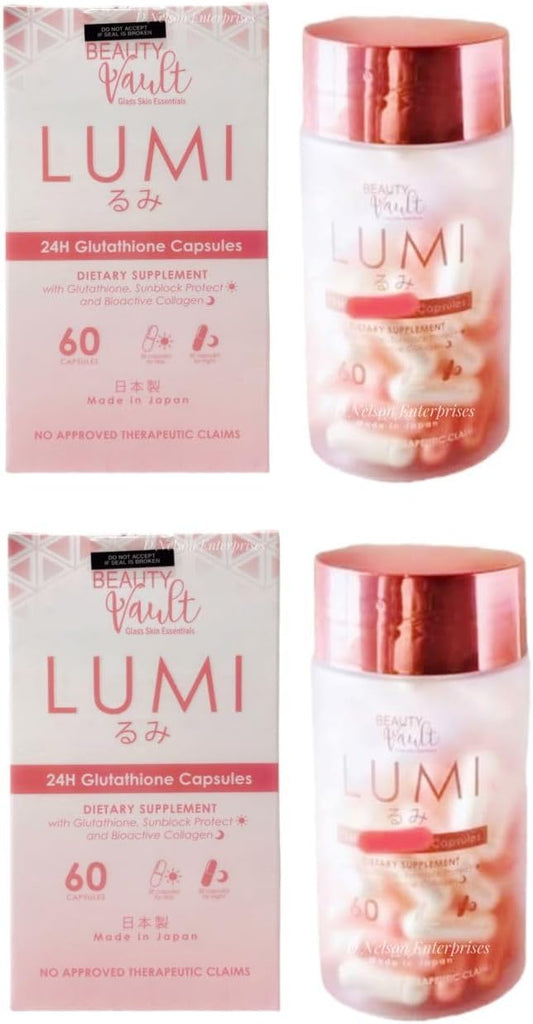 2 Bottles LUMI 24H Glutathione Capsules - Wellness Beauty Vault - 120 Caps - Brighten Skin Tone & Boost Immunity