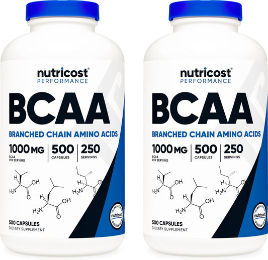 2 Bottles of Nutricost BCAA 1000mg, 500 Capsules - 2:1:1 Ratio of Leucine, Isoleucine, Valine - 250 Servings