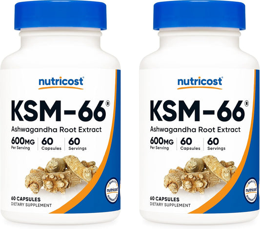 2 Bottles of Nutricost KSM-66 Ashwagandha Root Extract 600mg - 60 Veggie Capsules - Enhanced with BioPerine & 5% Withanolides