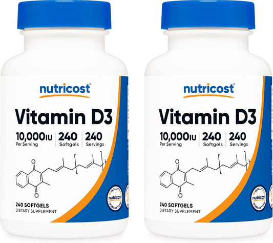 2 Bottles of Nutricost Vitamin D3 10,000 IU, 240 Soft Gel Caps - High Potency Supplement
