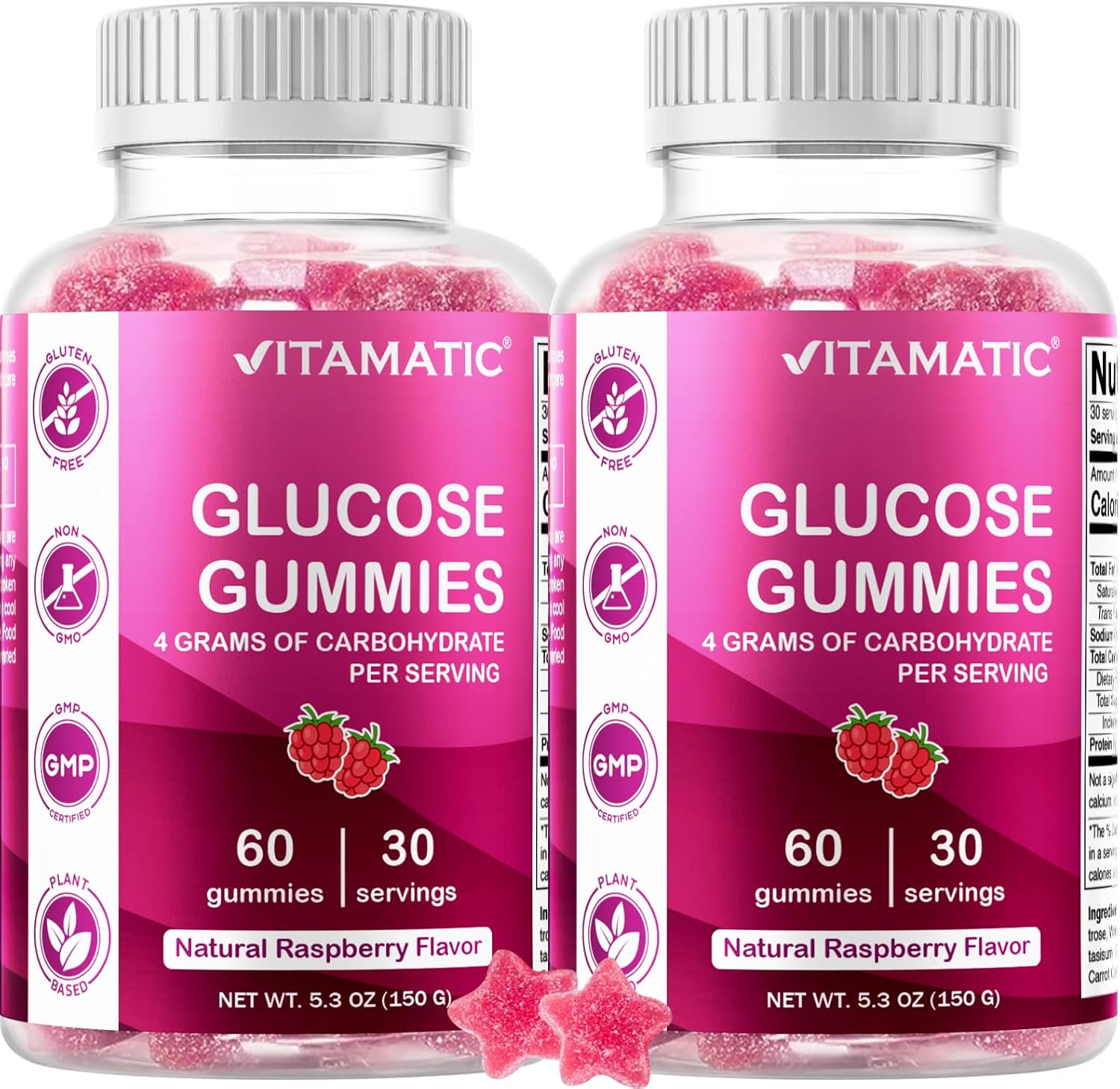 2 Bottles of Vitamatic Glucose Chewable Gummies - 60 Count Each - Natural Raspberry Flavor - 4G Carbs per Serving