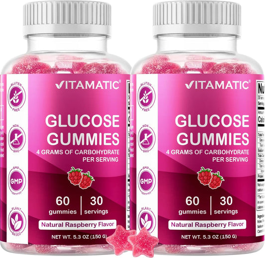 2 Bottles of Vitamatic Glucose Chewable Gummies - 60 Count Each - Natural Raspberry Flavor - 4G Carbs per Serving