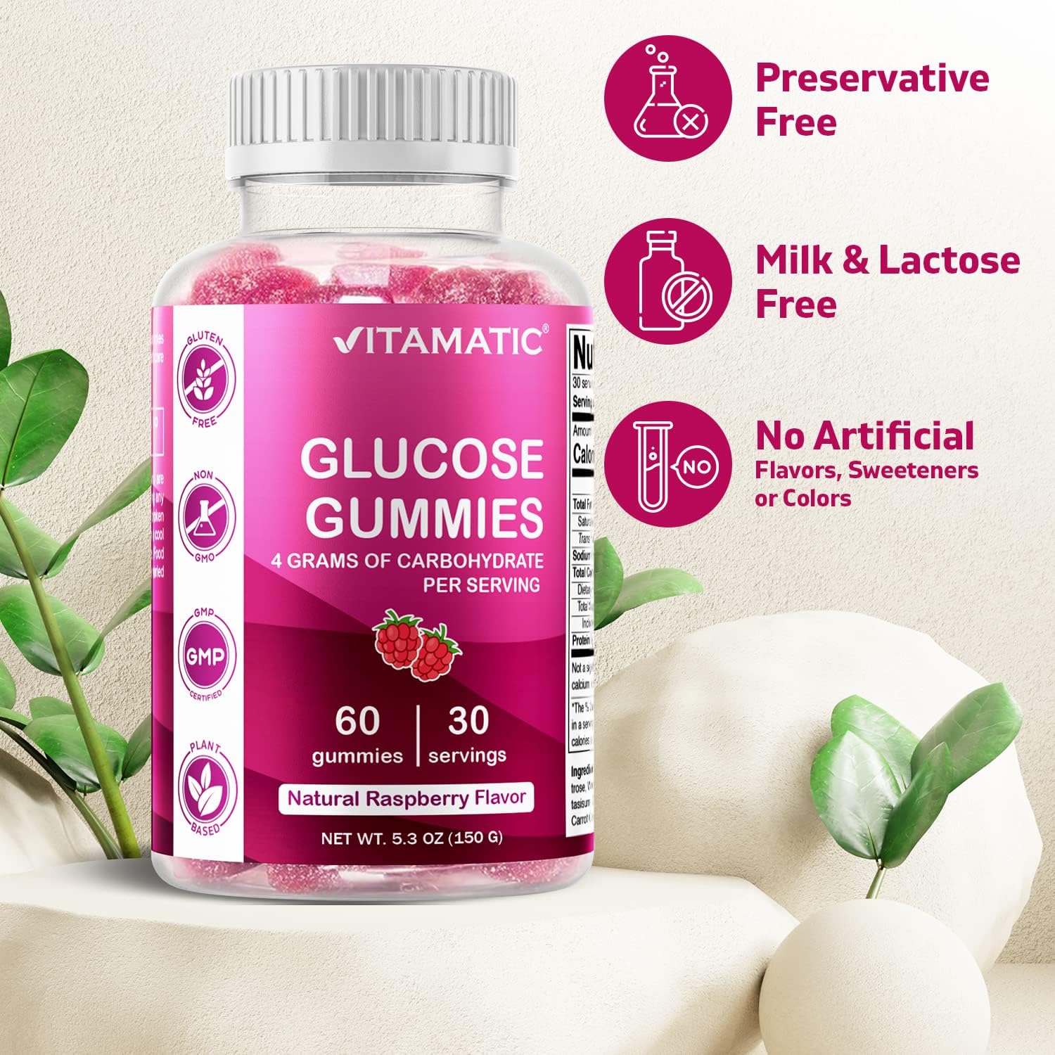 2 Bottles of Vitamatic Glucose Chewable Gummies - 60 Count Each - Natural Raspberry Flavor - 4G Carbs per Serving