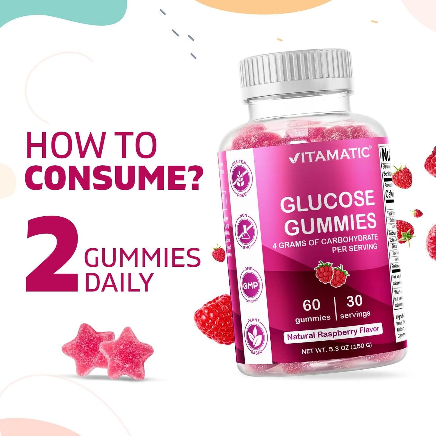 2 Bottles of Vitamatic Glucose Chewable Gummies - 60 Count Each - Natural Raspberry Flavor - 4G Carbs per Serving