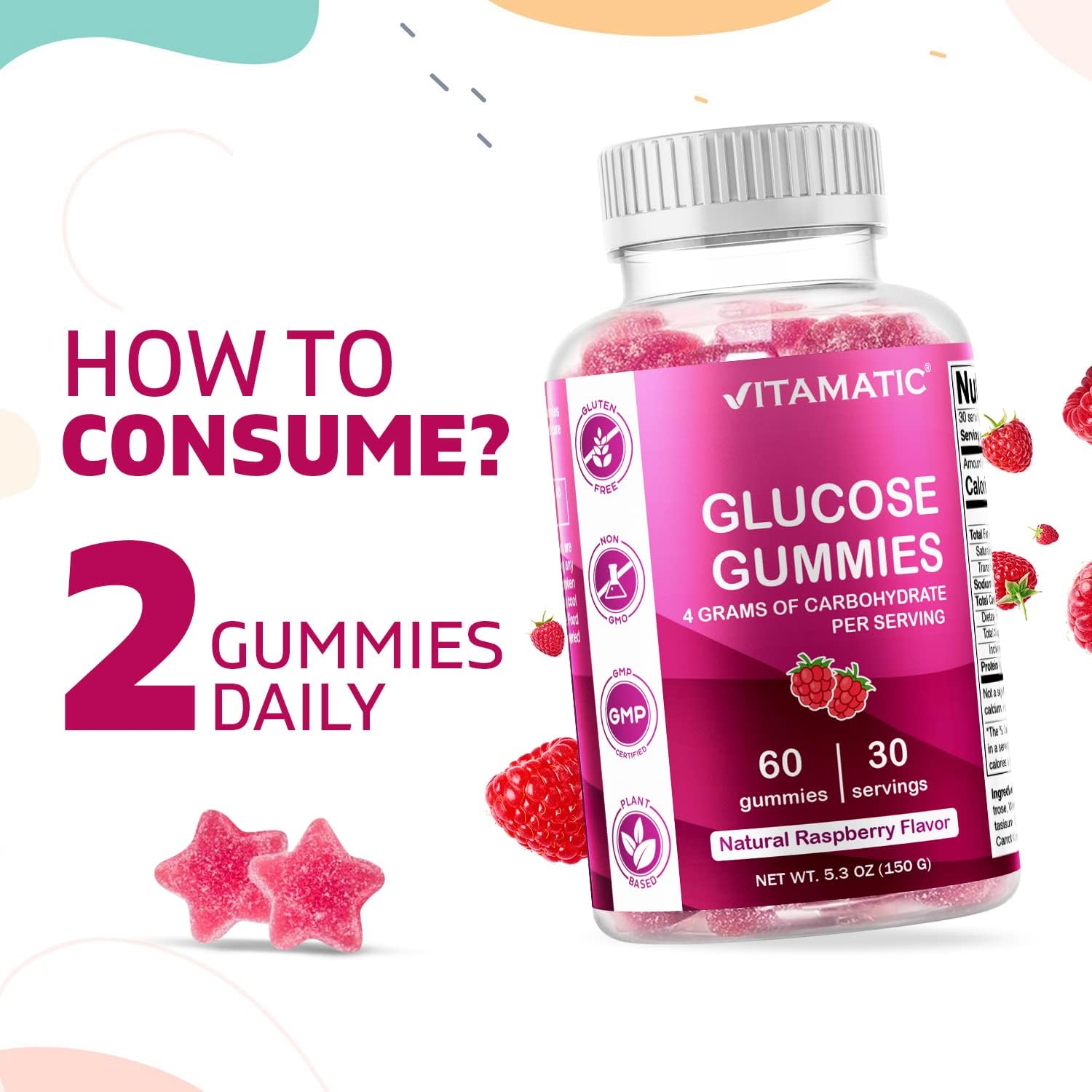 2 Bottles of Vitamatic Glucose Chewable Gummies - 60 Count Each - Natural Raspberry Flavor - 4G Carbs per Serving