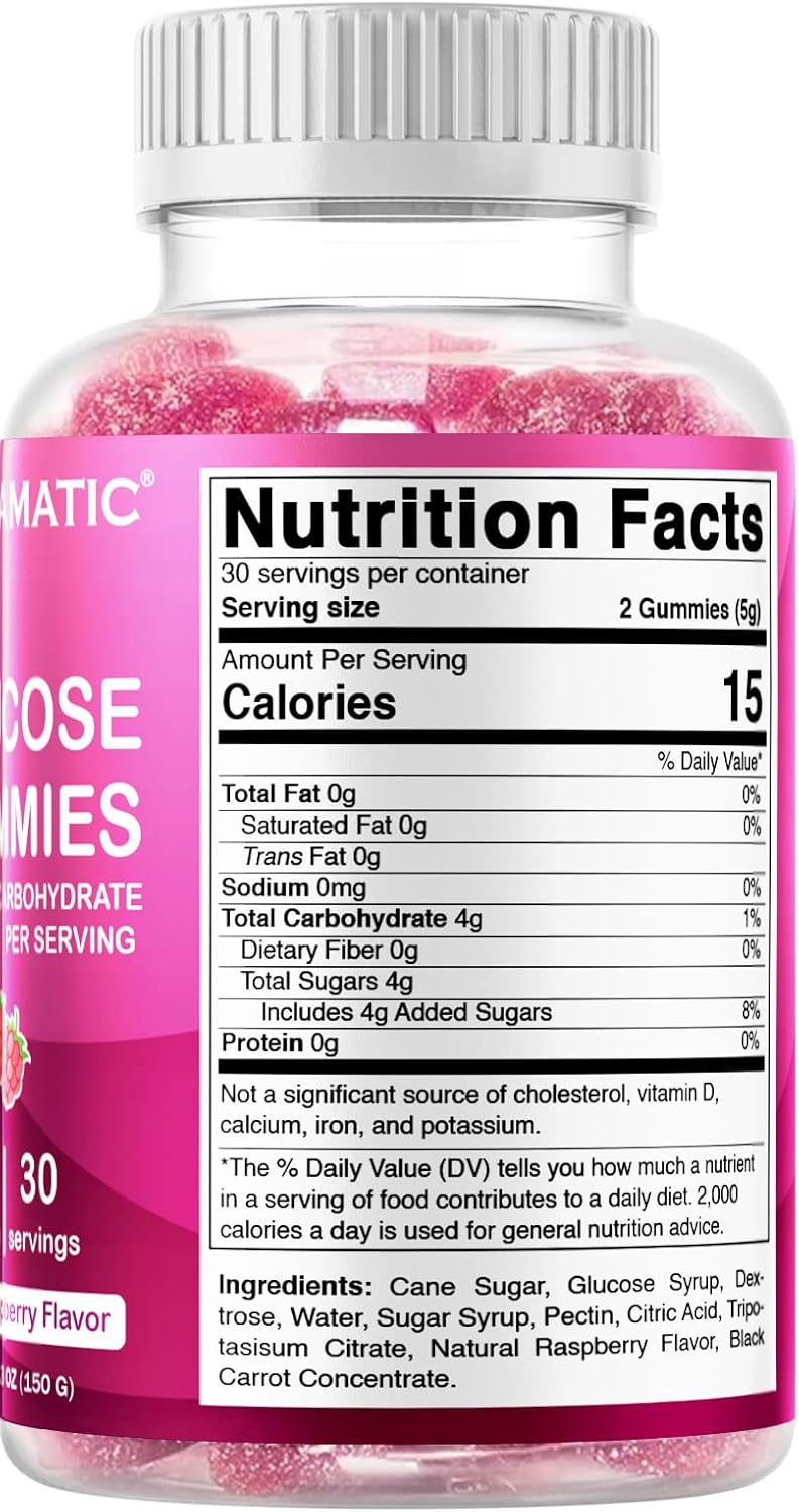 2 Bottles of Vitamatic Glucose Chewable Gummies - 60 Count Each - Natural Raspberry Flavor - 4G Carbs per Serving