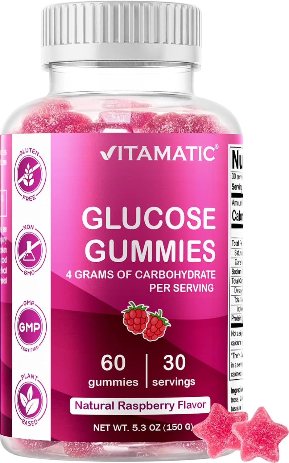 2 Bottles of Vitamatic Glucose Chewable Gummies - 60 Count Each - Natural Raspberry Flavor - 4G Carbs per Serving