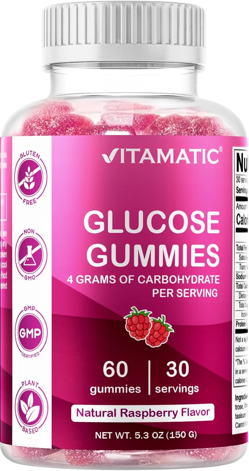 2 Bottles of Vitamatic Glucose Chewable Gummies - 60 Count Each - Natural Raspberry Flavor - 4G Carbs per Serving