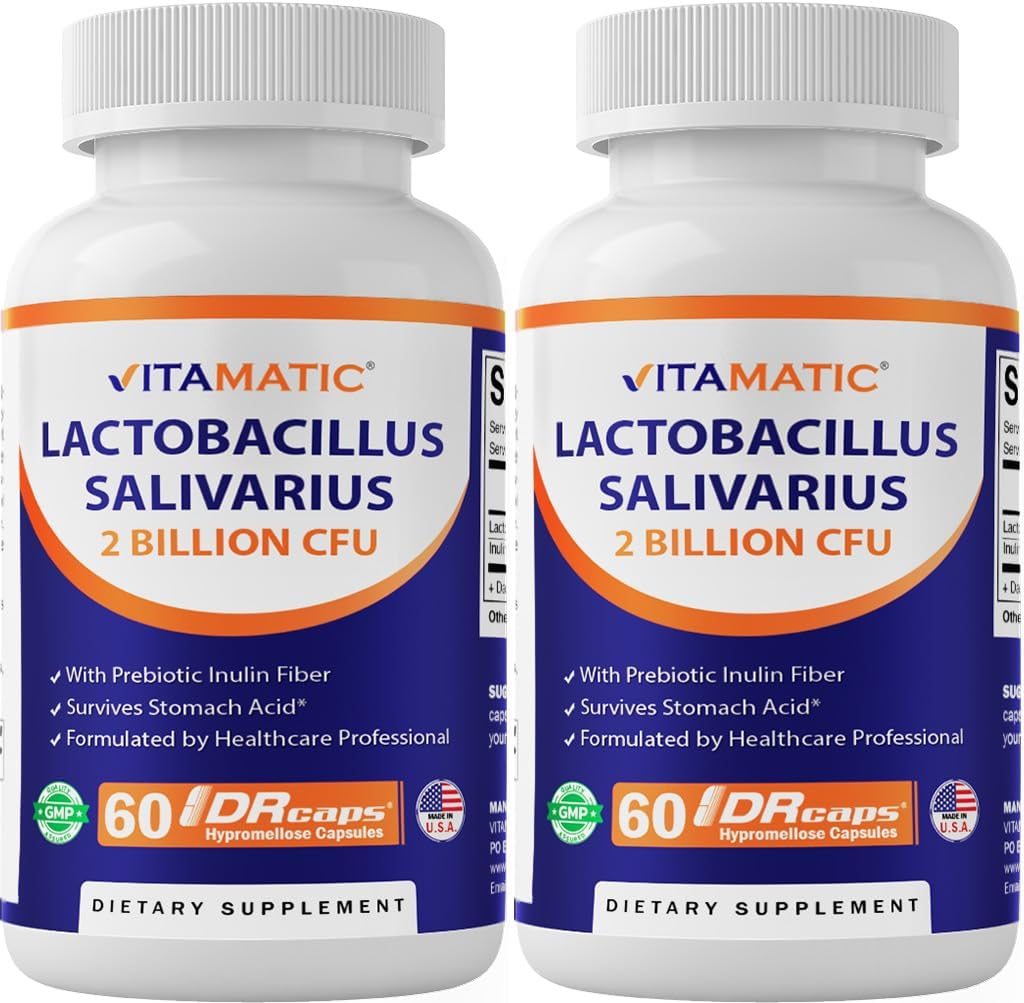 2 Bottles of Vitamatic Lactobacillus Salivarius DR Capsules - 60 Count Each - 2 Billion CFUs per Capsule - Digestive Support with Prebiotic Inulin Fiber
