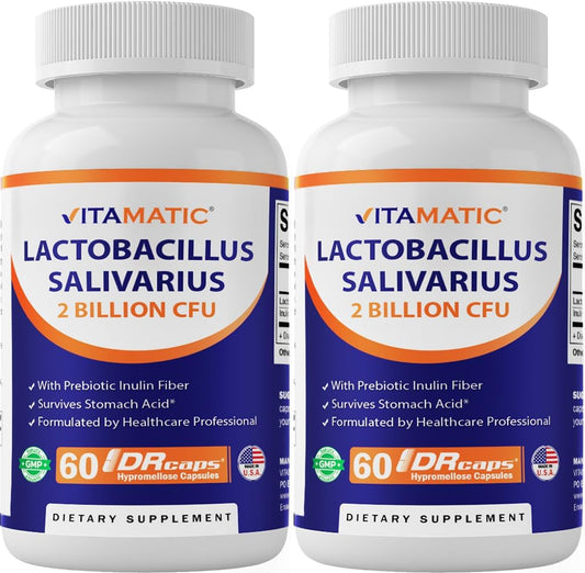 2 Bottles of Vitamatic Lactobacillus Salivarius DR Capsules - 60 Count Each - 2 Billion CFUs per Capsule - Digestive Support with Prebiotic Inulin Fiber
