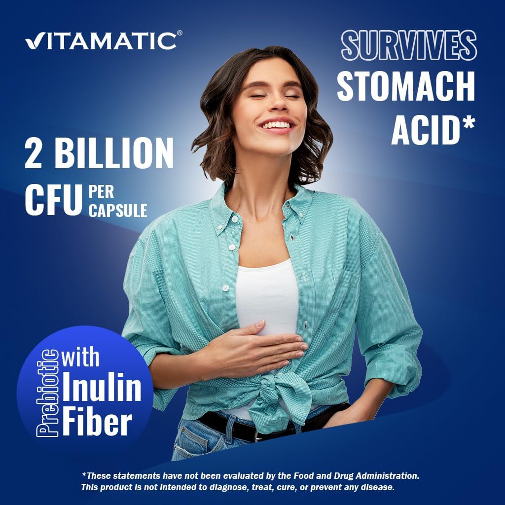 2 Bottles of Vitamatic Lactobacillus Salivarius DR Capsules - 60 Count Each - 2 Billion CFUs per Capsule - Digestive Support with Prebiotic Inulin Fiber