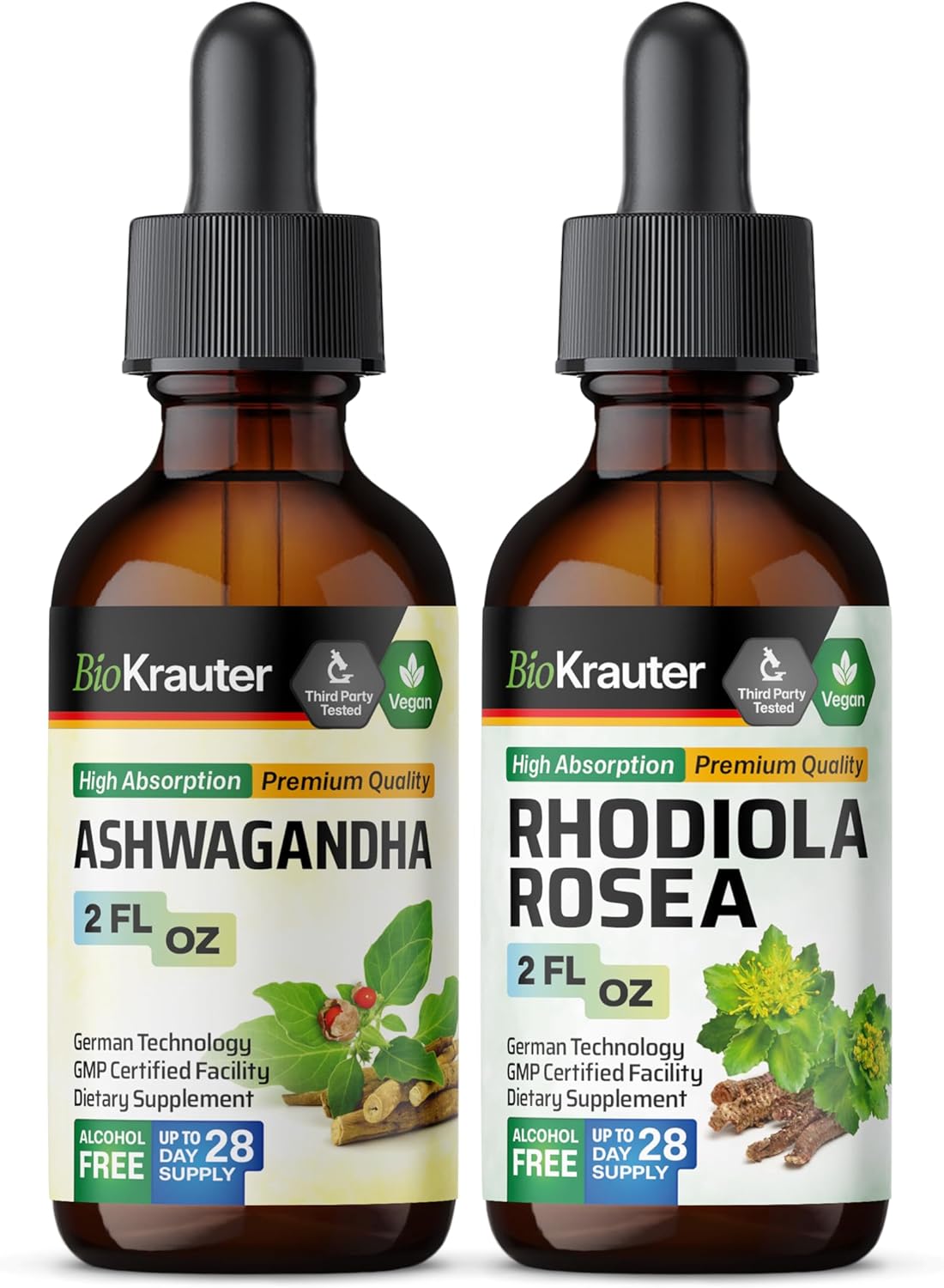 2 Fl. Oz. Ashwagandha and Rhodiola Rosea Tincture Bundle by BIO KRAUTER